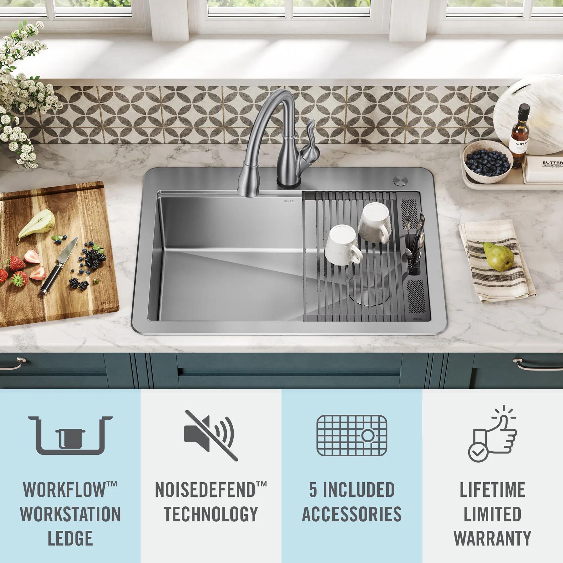 30&rdquo; Workstation Kitchen Sink Drop-In Top Mount Stainless Steel Single Bowl with WorkFlow&trade; Ledge and Accessories